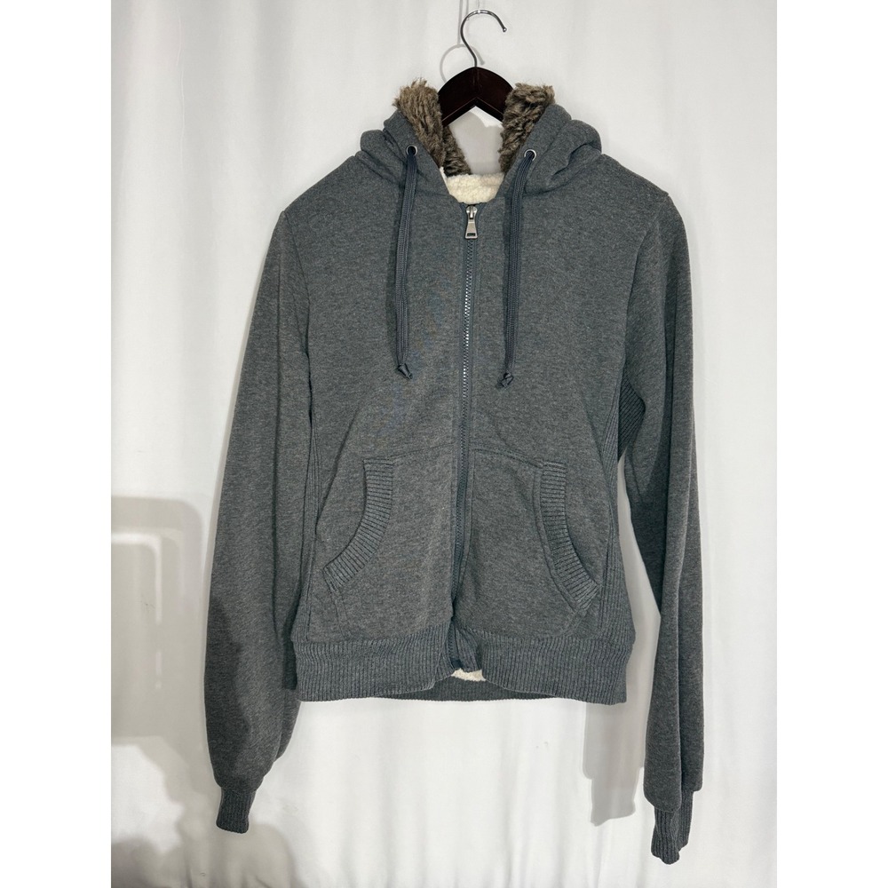 Royalty for Me Womens Gray Sherpa Lined Faux Fur Trim Zip Up Hoodie Size Medium